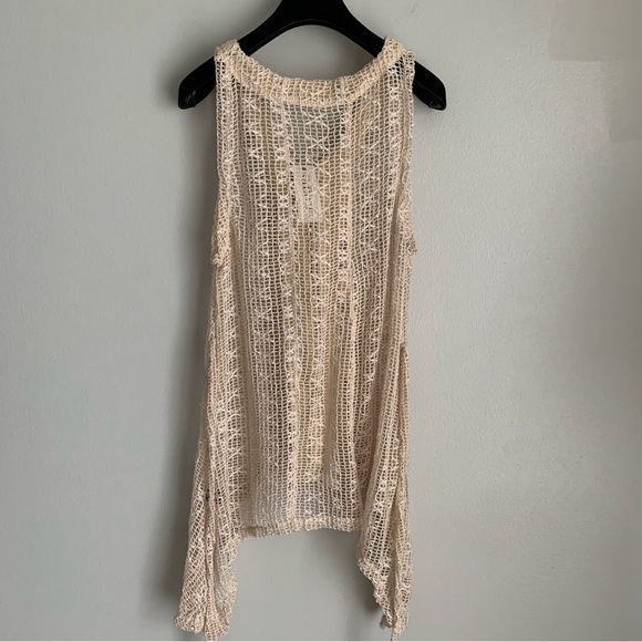 NWT Kaktus mesh crochet button up sleeveless top boho Lagen look beige large - Picture 2 of 7